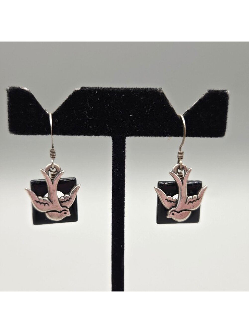 Silver Bird Swallows Black Open Glass Square Dangle Earrings Lightweight 6 Grams
